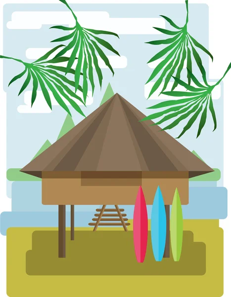Abstract landscape design with palm trees and clouds, wooden tribal house with surf boards, flat style. Digital vector image. — Stock Vector