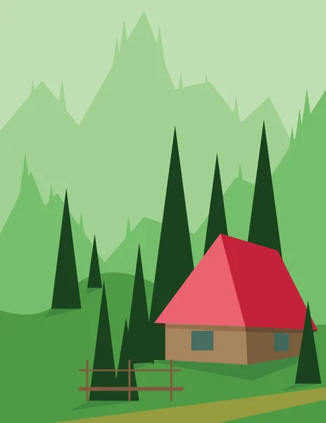 Abstract landscape design with green trees and hills, a red house in the mountains, flat style. Digital vector image. — Stockvector