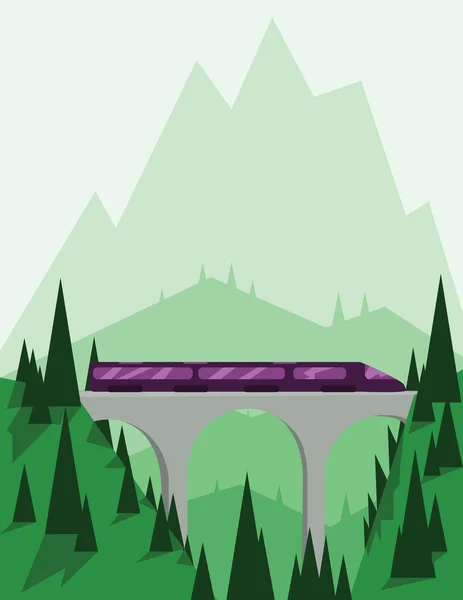 Design paesaggistico astratto con montagne verdi e colline, un treno viola veloce su un ponte, in stile piatto. Immagine vettoriale digitale . — Vettoriale Stock