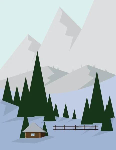 Projeto paisagístico abstrato com árvores verdes e montanhas de prata, uma casa na floresta e neve, estilo plano. Imagem vetorial digital . — Vetor de Stock
