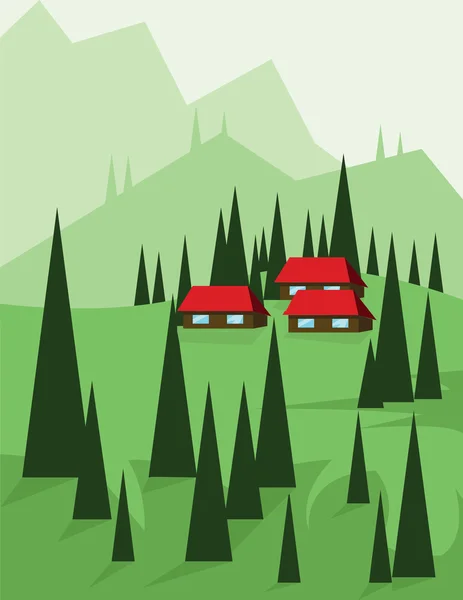 Projeto paisagístico abstrato com árvores verdes e colinas, casas vermelhas nas montanhas, estilo plano. Imagem vetorial digital . — Vetor de Stock