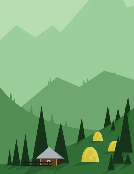 Projeto paisagístico abstrato com árvores verdes e colinas, casa marrom nas montanhas e feno amarelo, estilo plano. Imagem vetorial digital . — Vetor de Stock