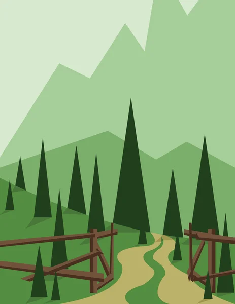 Abstract landscape design with green trees and hills, a road and wooden fence, flat style. Digital vector image. — Stok Vektör