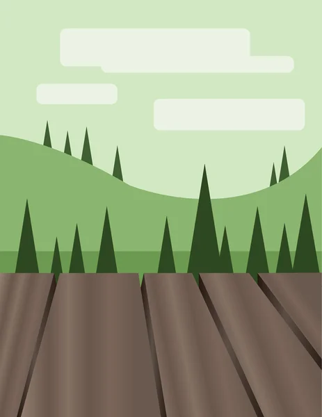 Αφηρημένος σχεδιασμός τοπίου με πράσινα δέντρα, λόφους και σύννεφα, ξύλινο πάτωμα, επίπεδο στυλ. Ψηφιακή διανυσματική εικόνα. — Διανυσματικό Αρχείο