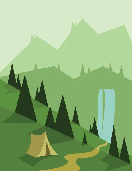 Diseño abstracto del paisaje con árboles verdes y una tienda de campaña, un río que fluye, vista a las montañas, de estilo plano. Imagen vectorial digital . — Vector de stock