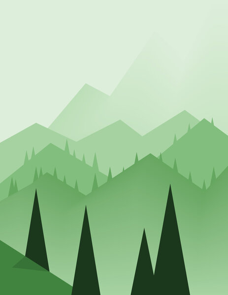 Abstract landscape design with green trees, hills and fog, flat style. Digital vector image.