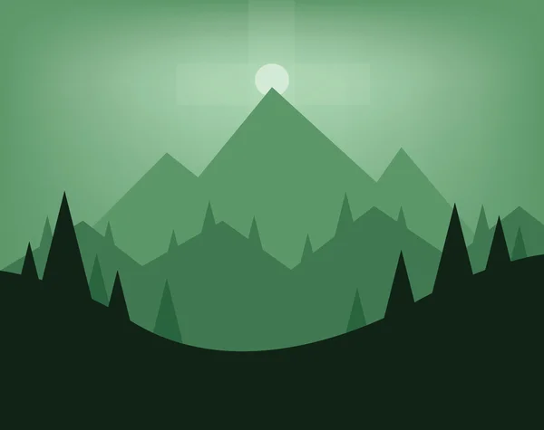 Projeto paisagístico abstrato com árvores verdes, colinas, nevoeiro e a lua à noite, estilo plano. Imagem vetorial digital . —  Vetores de Stock
