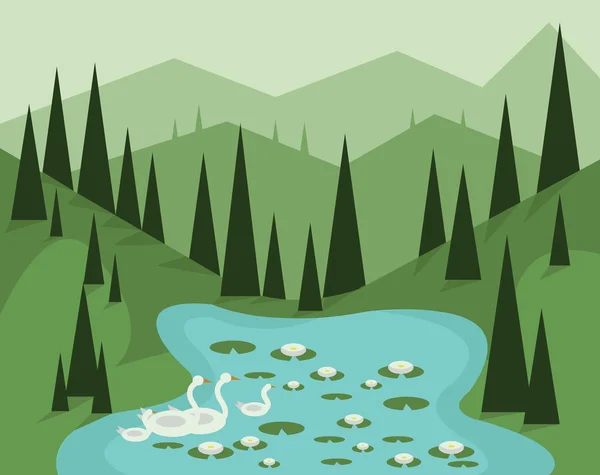 Projeto paisagístico abstrato com árvores verdes, colinas e nevoeiro, gansos nadando em um lago com nenúfares, estilo plano. Imagem vetorial digital . —  Vetores de Stock