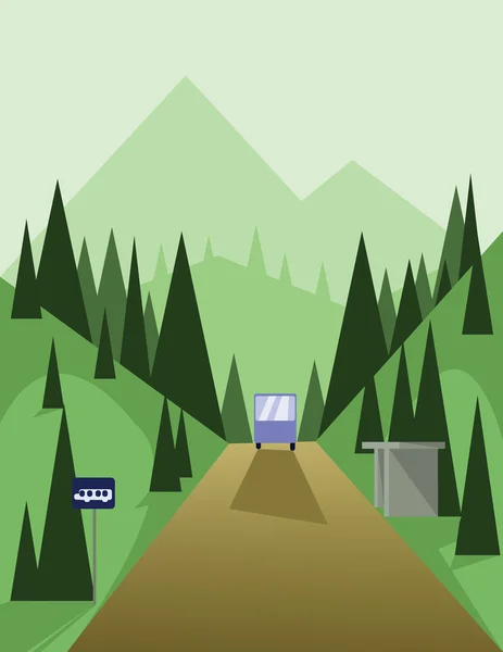 Projeto paisagístico abstrato com árvores verdes e colinas, uma estrada marrom e vista para as montanhas com um ônibus em uma estação, estilo plano. Imagem vetorial digital . — Vetor de Stock