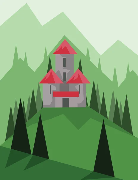 Design paesaggistico astratto con alberi verdi, colline e nebbia, grande castello, stile piatto. Immagine vettoriale digitale . — Vettoriale Stock