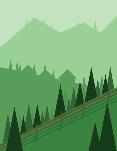 Diseño de paisaje abstracto con árboles y colinas verdes, casas en las montañas y una cerca, de estilo plano. Imagen vectorial digital . — Vector de stock