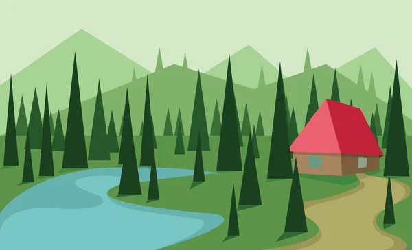 Projeto paisagístico abstrato com árvores verdes, colinas e nevoeiro, grande casa vermelha perto de um lago, estilo plano. Imagem vetorial digital . —  Vetores de Stock