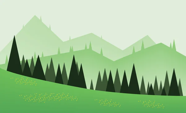 Diseño abstracto del paisaje con árboles verdes, colinas y niebla, flores amarillas en los campos, de estilo plano. Imagen vectorial digital . — Vector de stock