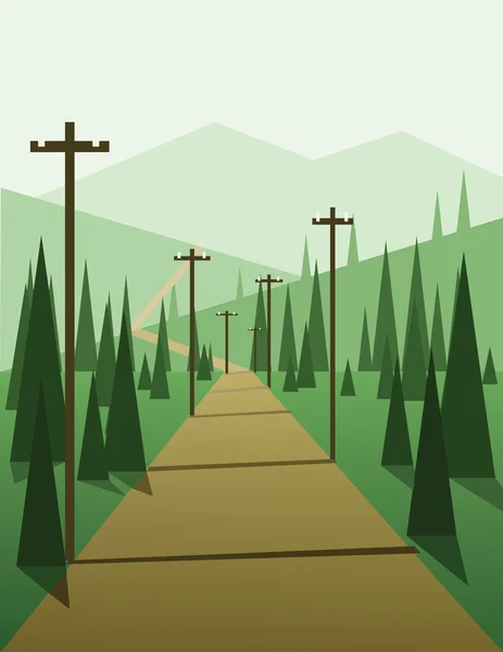 Projeto paisagístico abstrato com árvores verdes, colinas e nevoeiro, uma estrada com pilões, estilo plano. Imagem vetorial digital . — Vetor de Stock