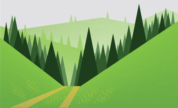 Diseño de paisaje abstracto con árboles verdes, colinas y niebla, un camino y flores amarillas en los campos, de estilo plano. Imagen vectorial digital . — Vector de stock