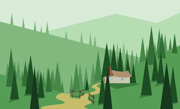 Abstrakcyjny krajobraz z zielonymi drzewami, wzgórzami i mgłą, dom z drewnianym ogrodzeniem, styl płaski. Cyfrowy obraz wektora. — Wektor stockowy