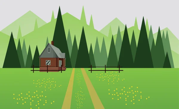 Abstrakcyjny krajobraz z zielonymi drzewami, wzgórzami i mgłą, dom i droga z żółtymi kwiatami na polach, w płaskim stylu. Cyfrowy obraz wektora. — Wektor stockowy