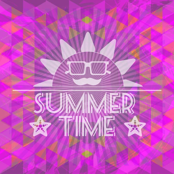 Infografía de verano púrpura abstracta, un gran sol con gafas y sonrisa, Imagen vectorial digital — Vector de stock
