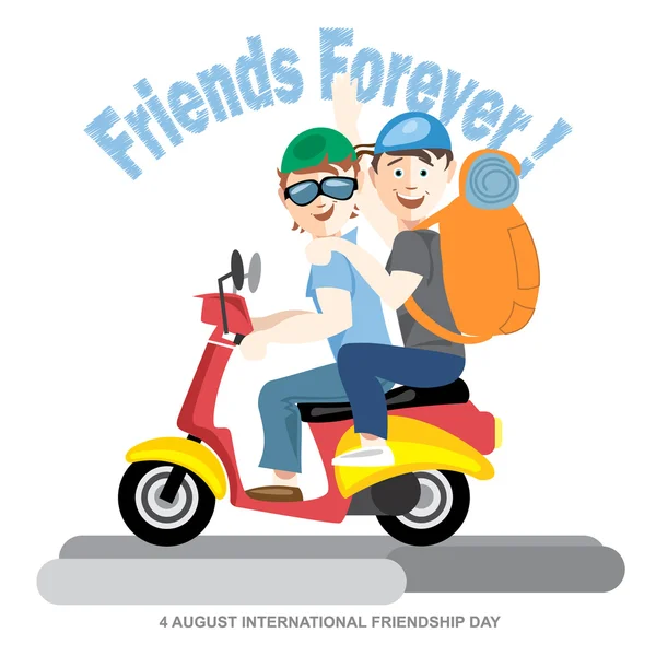 행복한 우정의 날 카드입니다. 8월 4일. 빨간 오토바이를 타고 가장 친한 친구. 디지털 벡터 이미지 — 스톡 벡터