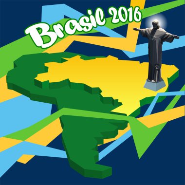 Brasil 2016, 3d ve İsa'nın heykeli ülke haritası. Dijital vektör görüntüsü.