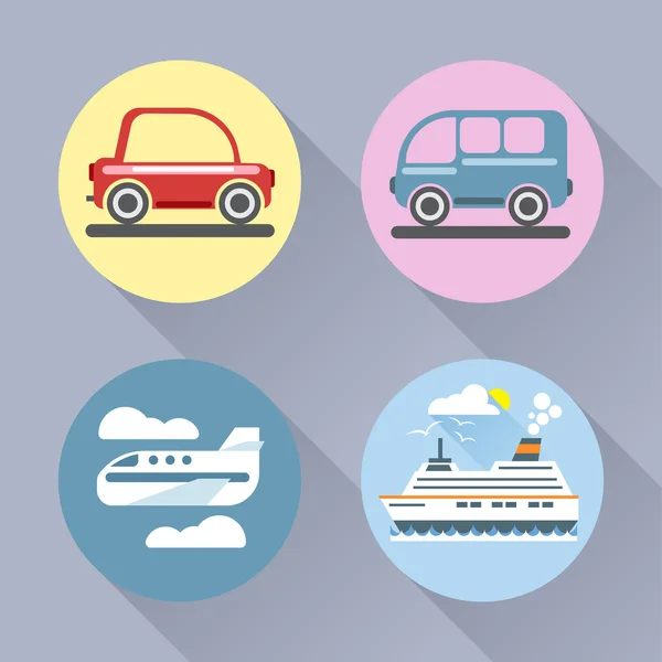 Automatická ikona nastaví plochý styl. Auto, autobus, letadlo a loď. Digitální vektorový obraz — Stockový vektor