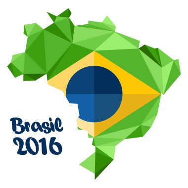 Abstract Brasil 2016 logosu, ülke haritasında ulusal bayrak, beyaz arka plan üzerinde. Dijital vektör görüntüsü.