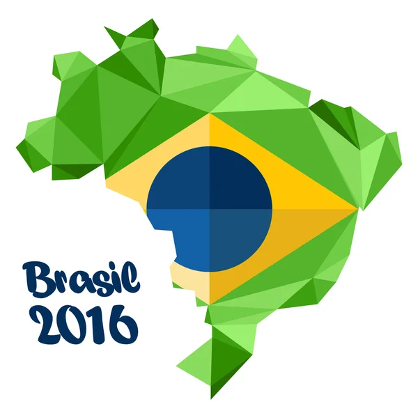 Logotipo abstracto Brasil 2016, con bandera nacional en el mapa del país, sobre fondo blanco. Imagen vectorial digital . — Vector de stock