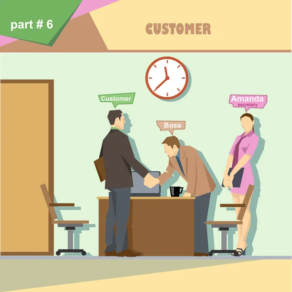 上司、秘書、顧客が職場で握手を交わす状況インフォグラフィックをビジネス会社の役割。デジタルベクトル画像 — ストックベクタ