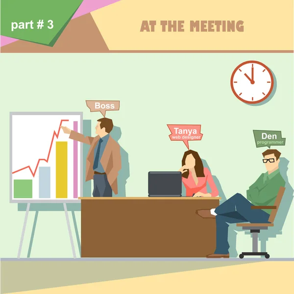 Business company roles situation infographies avec patron, web designer et programmeur dans une réunion au travail. Image vectorielle numérique — Image vectorielle