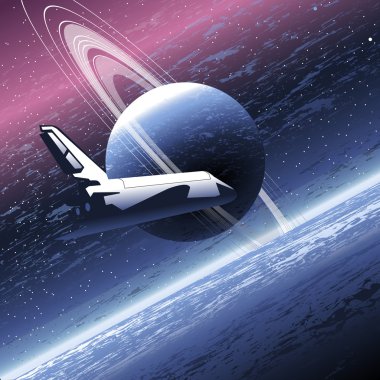 Shuttle in space orbiting a big planet with many rings. Digital vector image. clipart