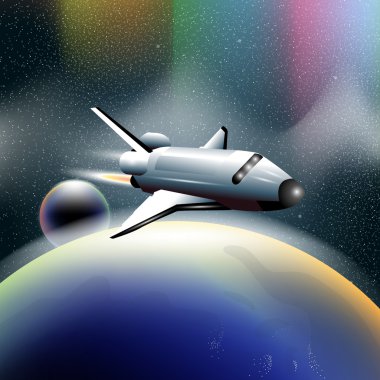 Shuttle in space flying from planet earth, orbiting a blue planet. Digital vector image. clipart