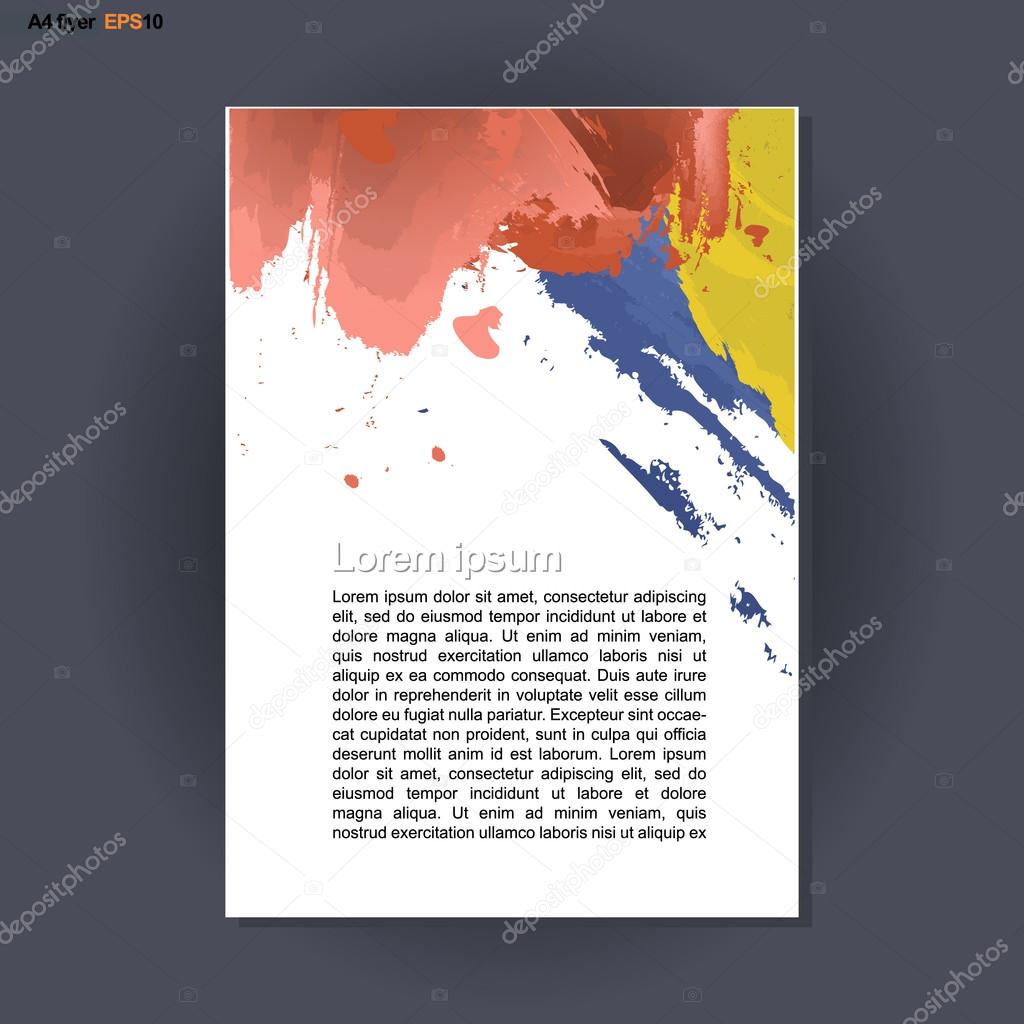 Abstract print A4 design with blue, red and yellow brush strokes, for flyers, banners or posters over silver background. Digital vector image.