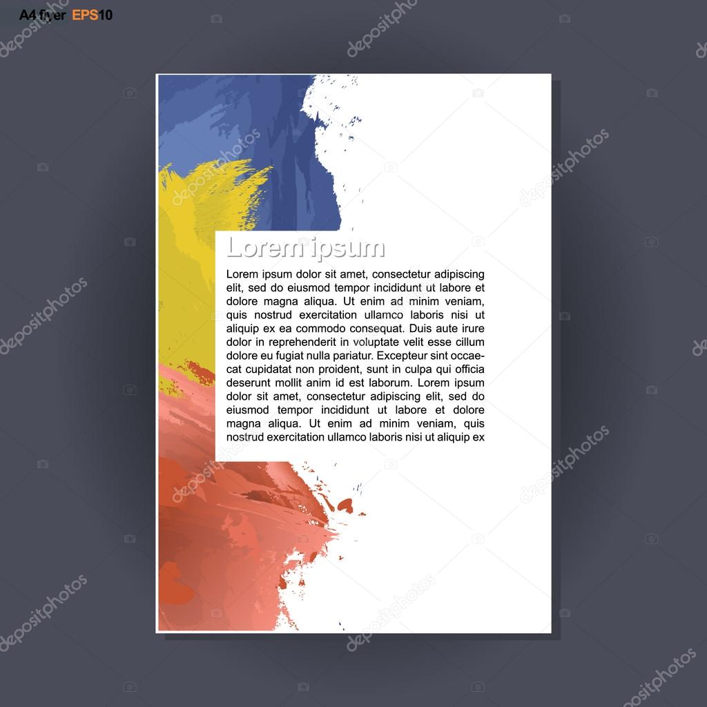 Abstract print A4 design with blue, red and yellow brush strokes, for flyers, banners or posters over silver background. Digital vector image.