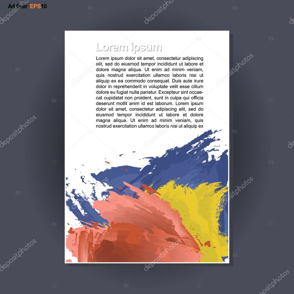 Abstract print A4 design with blue, red and yellow colored brush strokes, for flyers, banners or posters over silver background. Digital vector image.