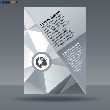 Gümüş arka plan üzerinde dünya haritası simgesi ile el ilanları, afişler veya posterler için üçgenler ile Soyut baskı A4 tasarım. Dijital vektör görüntüsü.