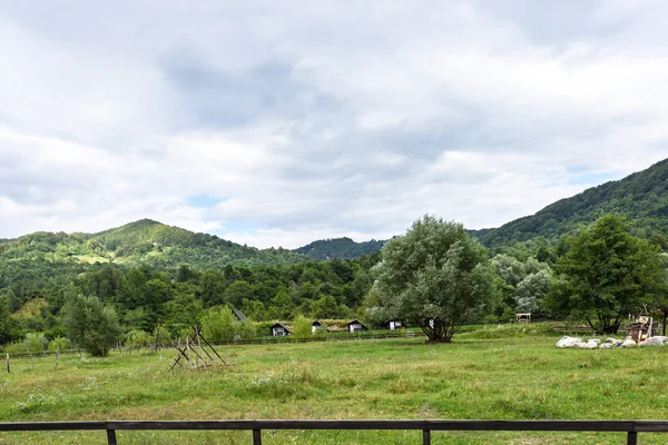 Фото маленьких деревянных домов на зеленых полях, Румыния . — стоковое фото