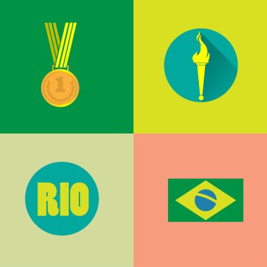 Rio, altın madalya, yanan meşale ve Brezilya bayrağı simgeleri ayarlayın. Dijital vektör görüntüsü.