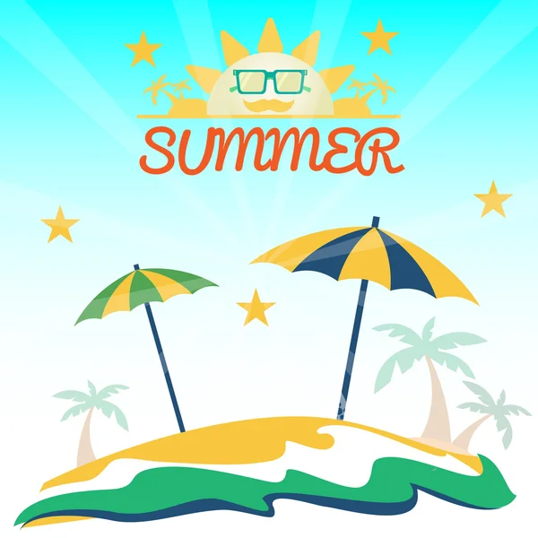 Tarjeta de vacaciones de verano con playa, sol con gafas, palmeras y sombrillas. Imagen vectorial digital — Vector de stock