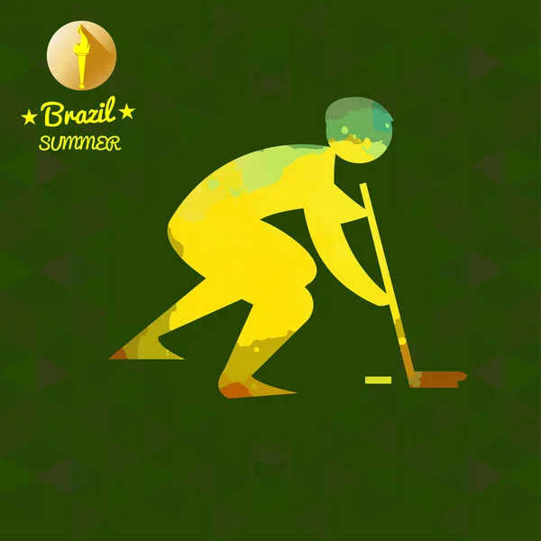 Brasil tarjeta deportiva de verano con un jugador de hockey abstracto amarillo. Imagen vectorial digital — Archivo Imágenes Vectoriales