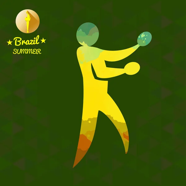 Brasil tarjeta deportiva de verano con un jugador de tenis de mesa abstracto amarillo. Imagen vectorial digital — Archivo Imágenes Vectoriales
