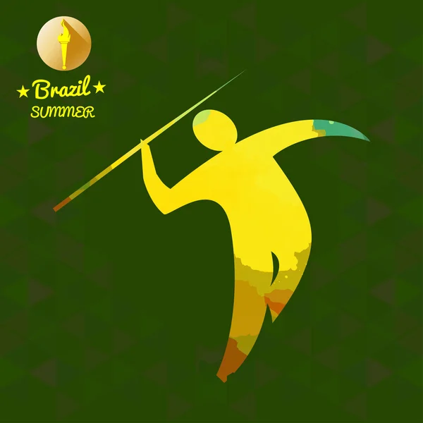Brasil tarjeta deportiva de verano con un lanzador de lanza abstracto amarillo. Imagen vectorial digital — Archivo Imágenes Vectoriales