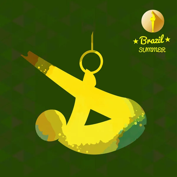 Brasil tarjeta deportiva de verano con un deportista abstracto amarillo realizando gimnasia en anillos. Imagen vectorial digital — Archivo Imágenes Vectoriales