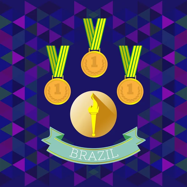 Diseño abstracto de Brasil con medallas de oro en primer lugar sobre fondo azul. Imagen vectorial digital — Archivo Imágenes Vectoriales