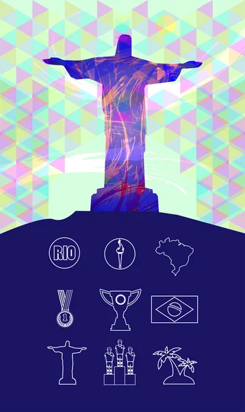 Rio, medalha de ouro, tocha ardente e ícones da bandeira do brasil definidos em contornos com estátua sobre fundo colorido. Imagem vetorial digital . — Vetor de Stock
