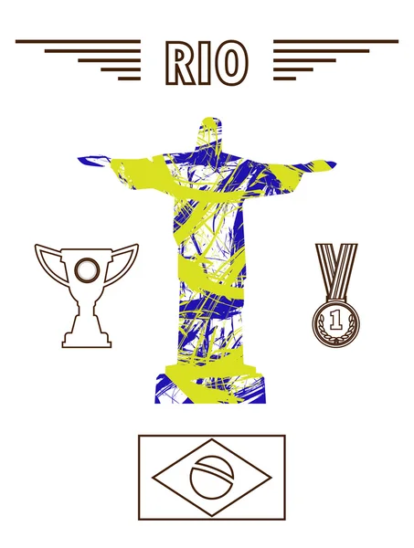 Medalla abstracta y diseño de rio en contornos con estatua sobre fondo blanco. Imagen vectorial digital — Archivo Imágenes Vectoriales