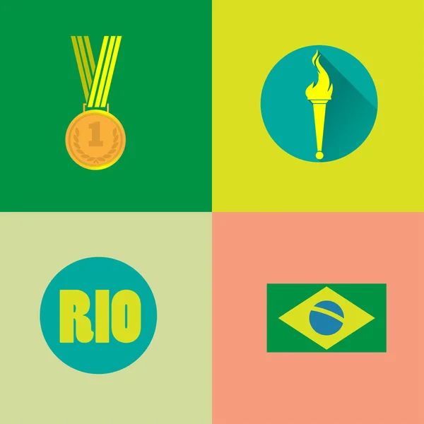 Rio, medalla de oro, antorcha ardiente e iconos de bandera brasileña. Imagen vectorial digital . — Archivo Imágenes Vectoriales