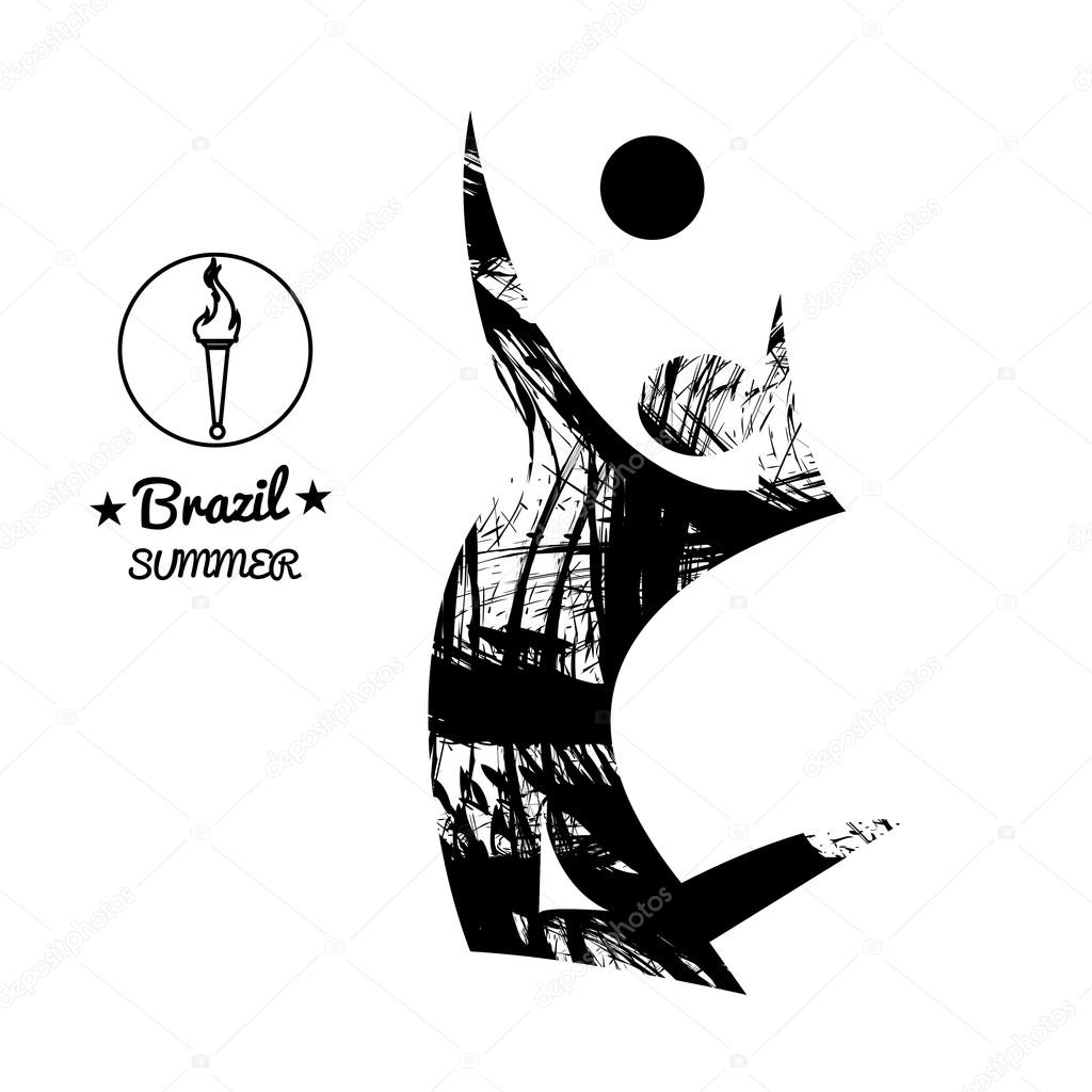 Brazil summer sport card with an abstract volley player jumping, in black outlines. Digital vector image