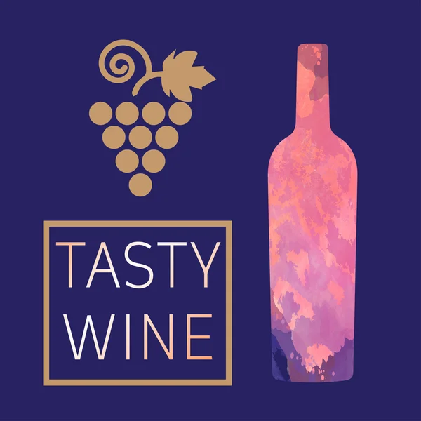 葡萄酒品酒卡,酒瓶和葡萄涂在深蓝色的背景上.数字矢量图像. — 图库矢量图片