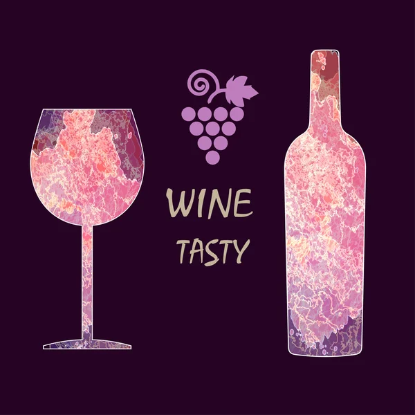 Scheda degustazione vini, con bottiglia colorata, uva e calice su fondo bordeaux scuro. Immagine vettoriale digitale . — Vettoriale Stock
