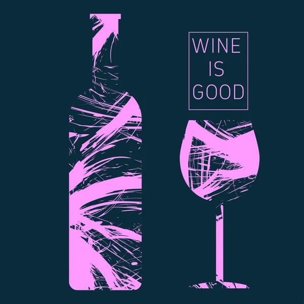 Scheda degustazione vini in contorni rosa, con una bottiglia e un bicchiere su sfondo scuro. Immagine vettoriale digitale . — Vettoriale Stock